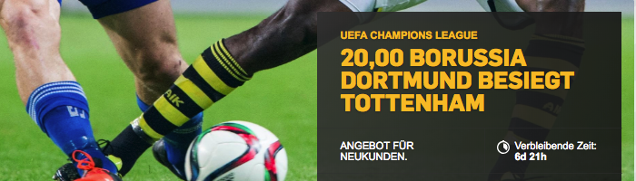 Dortmund gegen Tottenham: Wetten Sie zur Mega-Quote (20,0) auf den BVB-Sieg!