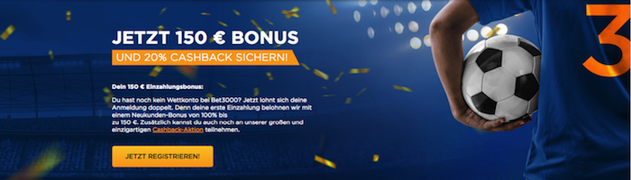 Doppelter Bonus bei Bet3000: Bis zu 150 € und 20% Cashback auf Wettverluste!
