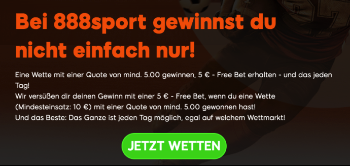 888sport spendiert täglich eine 5€ Freebet für gewonnene Wetten ab 5,0 Quote