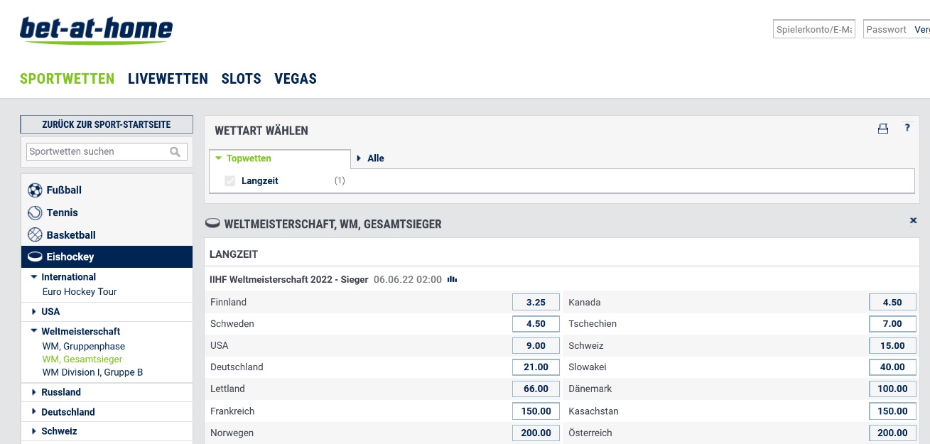 Bet-at-home: Mit 100 Euro Bonus auf die Eishockey-WM 2022 wetten