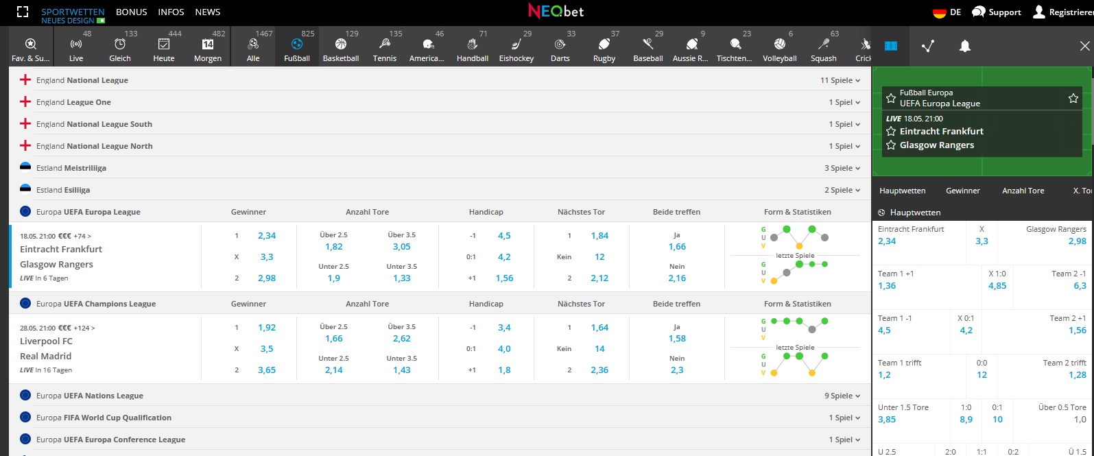 NEO.bet: Deutscher Wettanbieter mit Top-Quoten für die Europacup-Finals